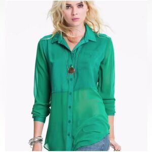Free People Green Sheer Panels Long Sleeves Relaxed Fit Button-Up Blouse - S